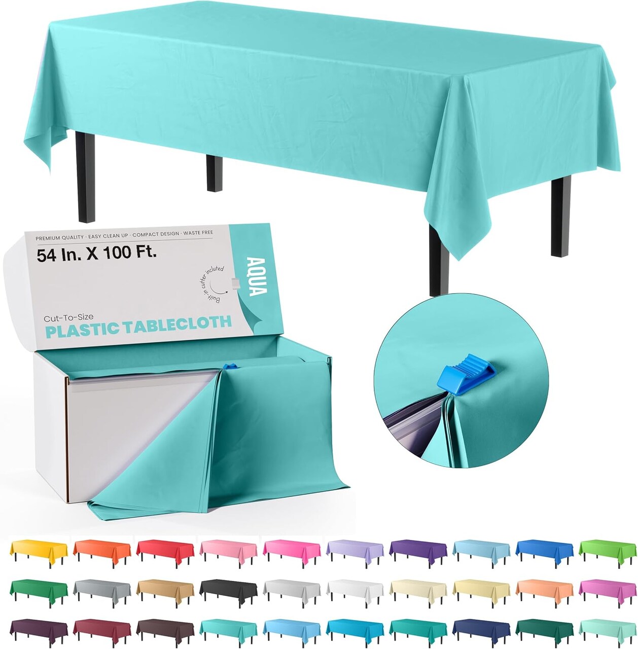 Exquisite Party Solids 54" x 100' Plastic Table Cover Roll with Slide Cutter – Cut-to-Size Dispenser Box – Makes Up to 12 Disposable 8' Rectangle Tablecloths